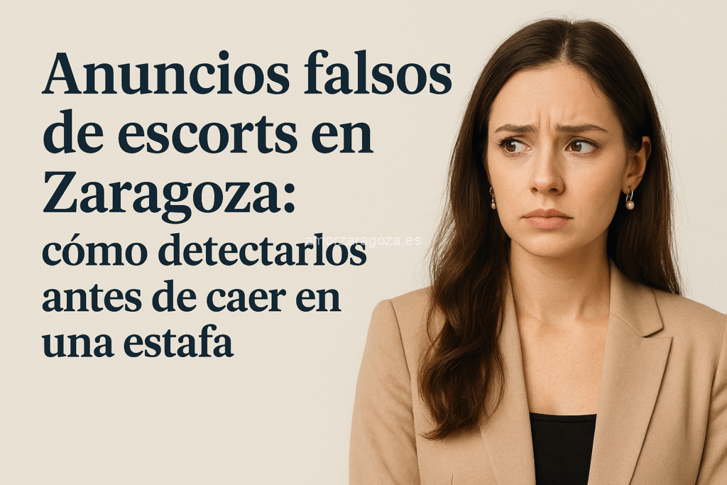 Advertencia sobre anuncios falsos de escorts en Zaragoza con mujer preocupada como imagen destacada